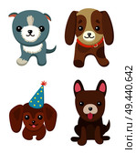 Dogs and puppies collection, poster with pets, of different breeds, pug and basset hound, labrador and chihuahua, dachshund dog on vector illustration. Dogs and Puppies Set Poster Vector Illustration. Стоковая иллюстрация, агентство Ingram Publishing / Фотобанк Лори