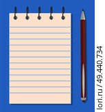 Notepad and pen templates, colorful banner isolated on blue background, spiral binder, clear worksheet, notepad with blue lines, vector illustration. Notepad and Pencil Templates, Colorful Banner. Стоковая иллюстрация, агентство Ingram Publishing / Фотобанк Лори