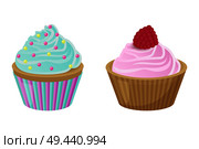 Delicious cupcakes with frosting and raspberry, tasty cream, vector illustration isolated on white backdrop. Various Cakes with Cupcakes Vector Illustration. Стоковая иллюстрация, агентство Ingram Publishing / Фотобанк Лори