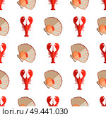 Crayfish and shell seamless pattern, repeated icons of crayfish and seashell, pattern with seafood objects, vector illustration isolated on white. Crayfish and Shell Pattern Vector Illustration. Стоковая иллюстрация, агентство Ingram Publishing / Фотобанк Лори