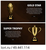 Super trophy and gold star vector horizontal web banners. Shiny goblet and star statuette realistic illustrations on polygonal background. Super Trophy and Gold Star Vector Web Banners. Стоковая иллюстрация, агентство Ingram Publishing / Фотобанк Лори