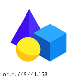 Three colorful geometric figures prisms collection, vector illustration isolated on white, blue cube and yellow sphere, lilac square pyramid prism. Three Colorful Geometric Figures Prisms Collection. Стоковая иллюстрация, агентство Ingram Publishing / Фотобанк Лори