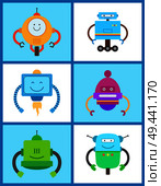 Robots creature collection, set of robots and artificial mechanisms with hands and faces, expressions and emotions, isolated on vector illustration. Robots Creature Collection Vector Illustration. Стоковая иллюстрация, агентство Ingram Publishing / Фотобанк Лори