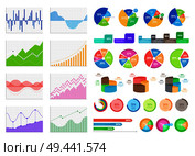 Flat graphics and volumetric diagrams. Curves and bars for statistical data. Circular graphic with section to create proportion vector illustration.. Bright Flat Graphics and Volumetric Diagrams Set. Стоковая иллюстрация, агентство Ingram Publishing / Фотобанк Лори