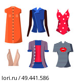 Jackets and shirts set of posters, summer mode for women, shift and top, t-shirt and summer mode collection, vector illustration isolated on white. Jackets and Shirts Set Poster Vector Illustration. Стоковая иллюстрация, агентство Ingram Publishing / Фотобанк Лори