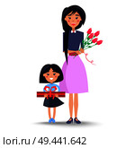 Elegant mom holds red flowers and daughter keeps present with ruddy bow, congratulations on women s day vector illustration. Mom and Daughter Congratulations on Women s Day. Стоковая иллюстрация, агентство Ingram Publishing / Фотобанк Лори
