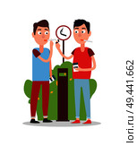 Two young smoking men in bright t-shirts and trousers, color vector illustration with white background two cigarettes packs, brown rubbish, green bush. Two Young Smoking Men Color Vector Illustration. Стоковая иллюстрация, агентство Ingram Publishing / Фотобанк Лори