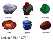 Diamond ruby malachite agate sapphire carnelian precious gemstones set with text isolated on white vector. Crystals and minerals, expensive natural gems. Diamond Ruby Malachite Agate Sapphire Carnelian. Стоковая иллюстрация, агентство Ingram Publishing / Фотобанк Лори