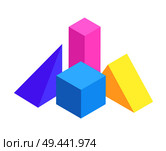 Two pyramids and square prisms, vector poster, illustration with geometric figures collection, blue cube and pink cuboid, isolated on white background. Two Pyramids and Square Prisms, Vector Poster. Стоковая иллюстрация, агентство Ingram Publishing / Фотобанк Лори