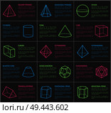 Shapes collection and text, decahedron and icosahedron, cone and cube, cuboid with pentagonal, prism, shapes set, isolated on vector illustration. Shapes Collection and Text Vector Illustration. Стоковая иллюстрация, агентство Ingram Publishing / Фотобанк Лори