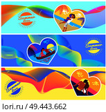 Summer love photos in heart shape frame vector flyers. Happy couples on vacation at seaside kiss on sunset, hug on beach and hold each others hands in ocean. Summer Love Photos of Couples in Heart Shape Frame. Стоковая иллюстрация, агентство Ingram Publishing / Фотобанк Лори