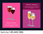 Red and white wine in four goblets with lot of reflections, color banner, vector illustration with tasty beverage, white text sample, isolated on pink. Red and White Wine in four Glasses Color Banner. Стоковая иллюстрация, агентство Ingram Publishing / Фотобанк Лори