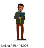 Young man reading textbook. Brown-haired male student standing with open book in hands flat vector isolated on white background. Enthusiastic reader illustration for educational and hobby concepts. Student Standing and Reading Textbook Flat Vector . Стоковая иллюстрация, агентство Ingram Publishing / Фотобанк Лори