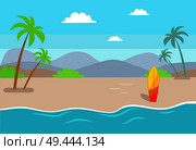 Empty beach near sea with tall palms and bright surfboard. Deserted beach with surfboard stick out of sand and sea line cartoon vector illustration.. Empty Beach near Sea with Tall Palms and Surfboard. Стоковая иллюстрация, агентство Ingram Publishing / Фотобанк Лори