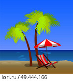 Tropical beach with chaise lounge under pam trees, striped umbrella and sunbed on coastline, vector illustration of summer time landscape, sea and sand. Tropical Beach with Chaise Lounge Under Pam Trees. Стоковая иллюстрация, агентство Ingram Publishing / Фотобанк Лори