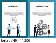 Agreement and interaction set of posters with text. Vector illustration of successful men shaking hand along with two employees spinning gear wheels. Agreement and Interaction Set of Posters with Text. Стоковая иллюстрация, агентство Ingram Publishing / Фотобанк Лори