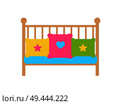 Crib young child s bed with barred or latticed sides, color pillows or couches with heart and stars vector illustration isolated on white background. Crib Young Child Bed with Barred or Latticed Sides. Стоковая иллюстрация, агентство Ingram Publishing / Фотобанк Лори