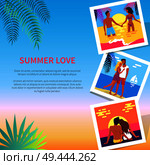 Summer love poster with photographs of lovely couple spending honeymoon or dating on tropical islands vector illustration with text. Summer Love Poster with Photos of Lovely Couple. Стоковая иллюстрация, агентство Ingram Publishing / Фотобанк Лори