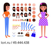 Female constructor set with emotions, hairstyles and accessories, gestures and mobile phone with tablet, constructor vector illustration isolated on white. Female and Construction Set Vector Illustration. Стоковая иллюстрация, агентство Ingram Publishing / Фотобанк Лори