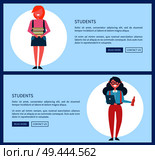 Students on Internet informative promotion page with button and sample text. Schoolgirls with backpack and books cartoon flat vector illustrations.. Students on Internet Informative Promotional Page. Стоковая иллюстрация, агентство Ingram Publishing / Фотобанк Лори