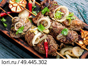 Grilled meat skewers, shish kebab.Dishes of oriental cuisine.Caucasian dish. Grilled beef on bamboo skewers. Стоковое фото, агентство Ingram Publishing / Фотобанк Лори