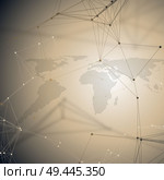Abstract futuristic background with connecting lines and dots, polygonal linear texture. World map. Global network connections, geometric design, technology digital concept. Abstract futuristic background with connecting lines and dots, polygonal linear texture. World map. Global network connections, geometric design, technology digital concept. Стоковая иллюстрация, агентство Ingram Publishing / Фотобанк Лори