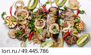 Grilled shish kebab or shashlik on skewers.Fast food. Eastern food. Shish kebab. Grilled beef on bamboo skewers. Стоковое фото, агентство Ingram Publishing / Фотобанк Лори