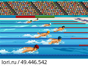 A vector illustration of swimmers during swimming competition for sport competition series . Стоковая иллюстрация, агентство Ingram Publishing / Фотобанк Лори