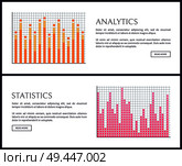 Analytics and statistics graphics on web pages with sample texts set. Bright visual charts with thin bars on coordinate systems vector illustrations.. Analytics and Statistics Graphics on Web Pages. Стоковая иллюстрация, агентство Ingram Publishing / Фотобанк Лори