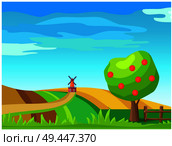 Idyllic rural farm landscape with windmill on field and apple tree. Ripe fruits on tree, plowed hills and old mill flat vector. Summer on ranch illustration. Rural Farm Landscape with Windmill on Field Vector. Стоковая иллюстрация, агентство Ingram Publishing / Фотобанк Лори