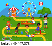 Children spend spare time at playground with metal seesaw, merry-go-round with horses, wooden sandbox and big ferris wheel vector illustration.. Happy Children Spend Spare Time at Playground. Стоковая иллюстрация, агентство Ingram Publishing / Фотобанк Лори