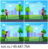 Set of posters with skateboarder training in green skatepark with trees, getting ready for go skateboarding day on 21st of June, copy space for text. Set of Posters SkateboarderTraining in Skatepark. Стоковая иллюстрация, агентство Ingram Publishing / Фотобанк Лори