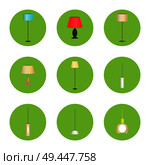 Electricity lamps isolated in green circles set, vector illustration standard-lamps, different form lamps, light bulbs, varied shape stands and covers. Electricity Lamps Isolated in Green Circles Set. Стоковая иллюстрация, агентство Ingram Publishing / Фотобанк Лори
