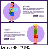 Students web pages design with push buttons read more and contact us, online posters with girls holding laptop and with handbag pretty fresher girls. Students Web Pages Design with Push Buttons Online. Стоковая иллюстрация, агентство Ingram Publishing / Фотобанк Лори