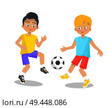 Two boys playing with football ball clothed in summer apparel isolated on white background. Toddlers in t-shirts and shorts play active games. Little Boy Playing Football on White Background. Стоковая иллюстрация, агентство Ingram Publishing / Фотобанк Лори