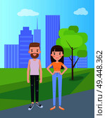Man and woman in everyday apparel vector on background of skyscrapers in park. Male and female in jeans and tshirt, bearded man and brunette woman vector. Man and Woman Everyday Apparel Vector in Park. Стоковая иллюстрация, агентство Ingram Publishing / Фотобанк Лори