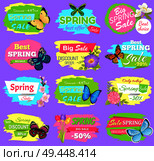 Discount spring sale collection of poster with titles and flowers butterflies and tulips spring sale and discounts set isolated on vector illustration. Discount Spring Collection Vector Illustration. Стоковая иллюстрация, агентство Ingram Publishing / Фотобанк Лори