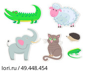 Funny cartoon animals isolated on white background. Big crocodile, white sheep, fluffy cat, small hedgehog, green lizard and friendly elephant vector illustrations. Cute quadruped friends stickers.. Cartoon Animals Stickers Isolated Illustrations. Стоковая иллюстрация, агентство Ingram Publishing / Фотобанк Лори
