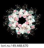 Beautiful  watercolor wedding wreath with cotton, eucalyptus, roses and leaves.  Illustration. Beautiful  watercolor wedding wreath with cotton, eucalyptus, roses and leaves.  . Стоковое фото, агентство Ingram Publishing / Фотобанк Лори