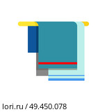 Blue towels with decorative colorful lines hanging on towel rail. Vector illustration of bathroom stuff isolated on white background. Towels Hanging on Rail Icon Vector Illustration. Стоковая иллюстрация, агентство Ingram Publishing / Фотобанк Лори