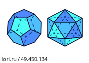 Dodecahedron and icosahedron, collection of shapes with lines and blue color, dodecahedron and icosahedron forms, isolated on vector illustration. Dodecahedron and Icosahedron Vector Illustration. Стоковая иллюстрация, агентство Ingram Publishing / Фотобанк Лори
