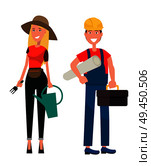 Gardener woman and builder man on white background. Female in hat holds fork and water can. Male in helmet holds tool box vector illustration. Set of Gardener Woman and Builder Man Flat Design. Стоковая иллюстрация, агентство Ingram Publishing / Фотобанк Лори