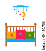 Crib young child s bed with barred or latticed sides, moving mobile over cradle, color pillows or couches with heart and stars vector illustration. Crib Young Child Bed with Barred or Latticed Sides. Стоковая иллюстрация, агентство Ingram Publishing / Фотобанк Лори