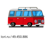 Travelling trailer van of red color with seats, transportation bus for trips, icon retro style wheeled home vector illustration isolated on white. Travelling Trailer Van Color Transport for Trips. Стоковая иллюстрация, агентство Ingram Publishing / Фотобанк Лори