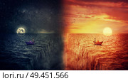 Conceptual view of two worlds collide, as a lost man, in a paper boat, sailing in the middle of the ocean try to find himself in a another world, alternate reality. Parallel universe, multiverse fiction theory. Adventure and journey concept. Стоковое фото, агентство Ingram Publishing / Фотобанк Лори