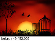 Birds couple escape from a cage, released to nature. Beautiful and positive vector illustration on a orange sunset background. Freedom and togetherness concept. Стоковая иллюстрация, агентство Ingram Publishing / Фотобанк Лори