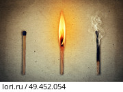 Three matches: the whole, the burning and extinguished. Life cycle matches symbolizing human. Стоковое фото, агентство Ingram Publishing / Фотобанк Лори