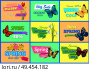 Spring discount new offer, posters set with tulips, snowdrops and gerbera, butterflies and spring discounts collection isolated on vector illustration. Spring Discount New Offer Vector Illustration. Стоковая иллюстрация, агентство Ingram Publishing / Фотобанк Лори