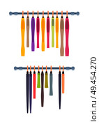 Hangers with female dresses and shirts poster, vector illustration isolated on white colorful woman clothing various gowns skirt pants stylish apparel. Hangers with Female Dresses and Shirts Poster. Стоковая иллюстрация, агентство Ingram Publishing / Фотобанк Лори