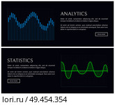 Analytics and statistics data shown in graphics on coordinates on checkered field. Thin bars and long wave with sample texts vector illustrations.. Analytics and Statistics Data Shown in Graphics. Стоковая иллюстрация, агентство Ingram Publishing / Фотобанк Лори